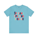 Blue Spokane t-shirt with bold, colorful block-letter design showcasing the city name stacked in vibrant hues.