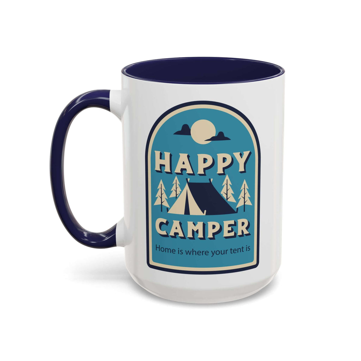 Happy Camper Mug featuring a camping design with a tent and trees, perfect for outdoor lovers.