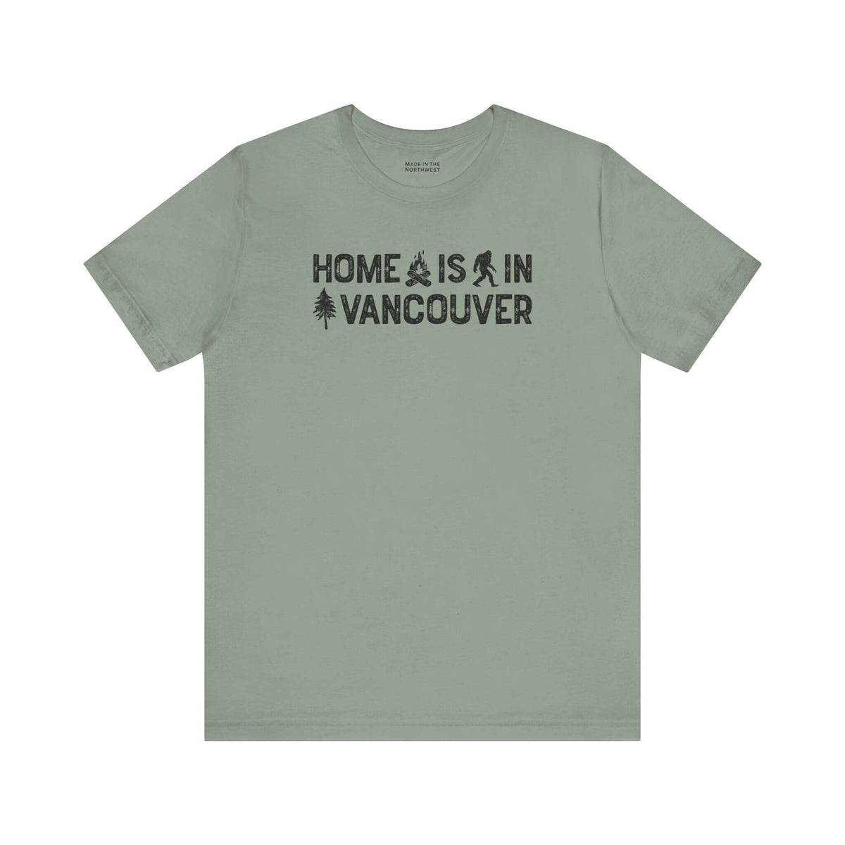Home Is in Vancouver Tee featuring campfire and tree graphics, showcasing PNW pride.