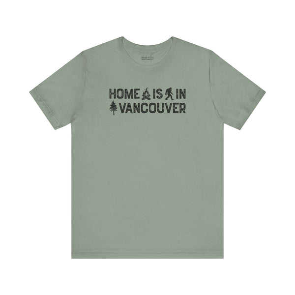 Home Is in Vancouver Tee featuring campfire and tree graphics, showcasing PNW pride.