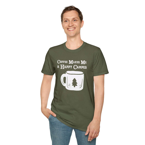 Man wearing Happy Camper Coffee Softstyle T-Shirt in olive green, featuring a coffee mug graphic.