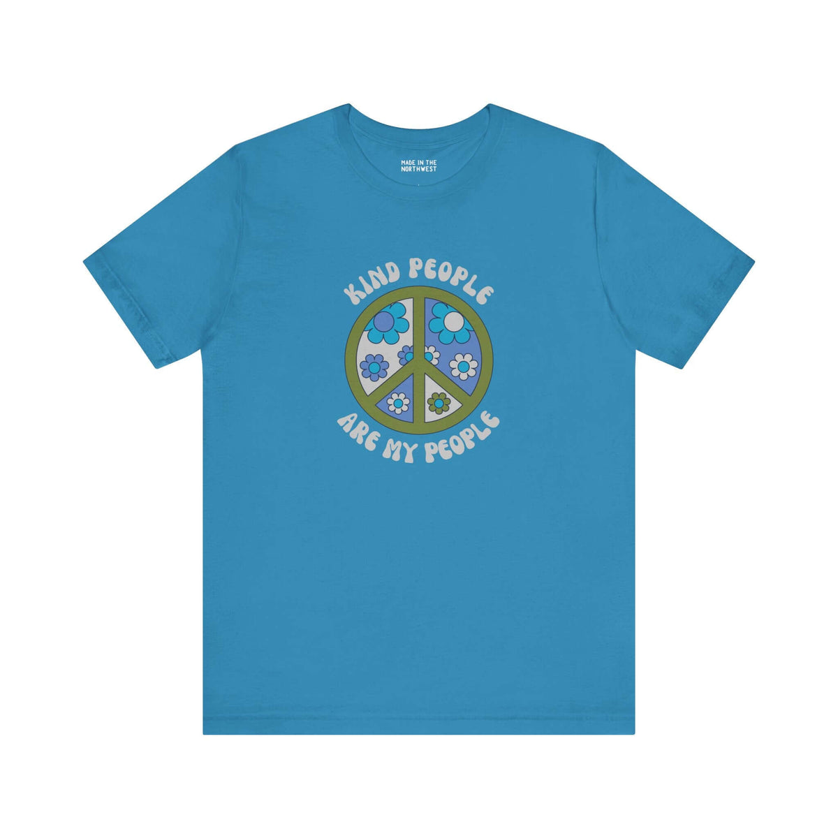 Unisex premium soft tee in turquoise featuring 'Kind People Are My People' and a floral peace sign design.