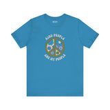 Unisex premium soft tee in turquoise featuring 'Kind People Are My People' and a floral peace sign design.