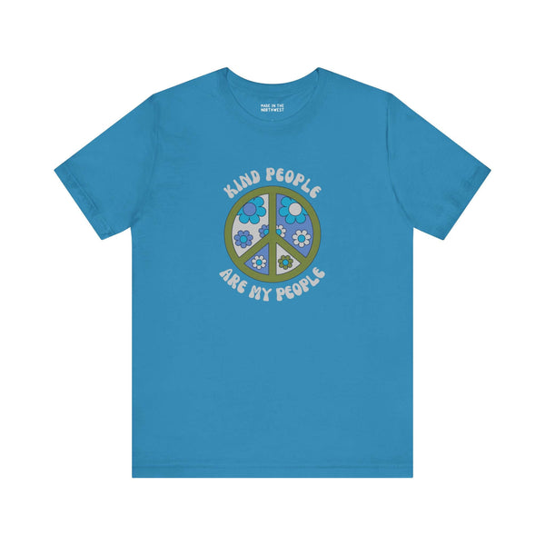 Unisex premium soft tee in turquoise featuring 'Kind People Are My People' and a floral peace sign design.
