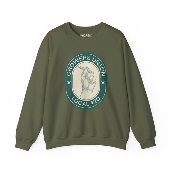 Grower's Union Local 420 cozy sweatshirt with hand holding a joint design, perfect for 420 culture enthusiasts.