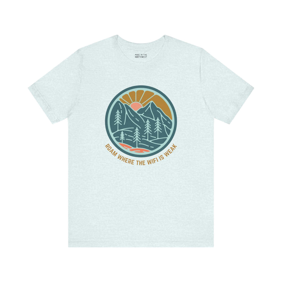 "Roam Where the WiFi is Weak hiking tee with a colorful forest design, perfect for nature lovers seeking adventure off the grid."