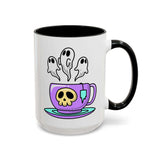 Let's Have a Spooky Tea Mug with a cheerful skull and floating ghost steam design