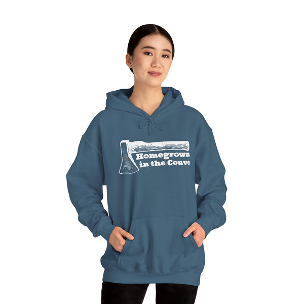 Homegrown in the Couve cozy hoodie featuring an axe design, symbolizing local pride in Clark County.