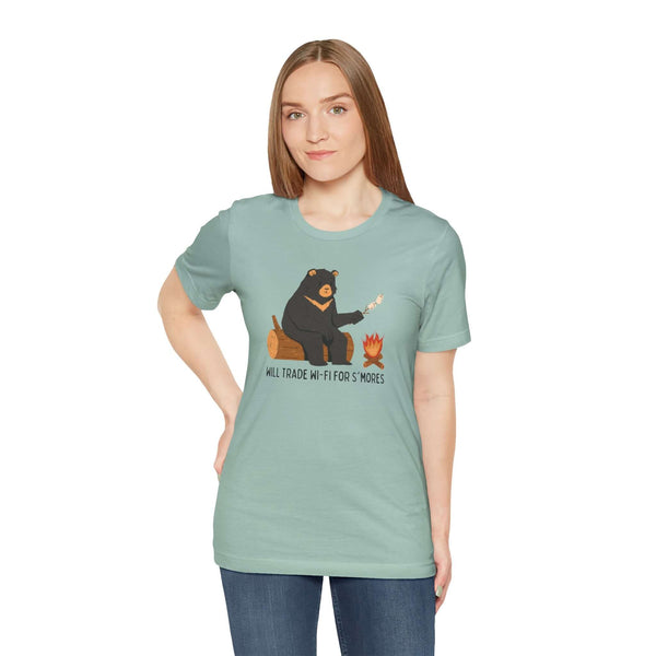 Unisex soft tee featuring a bear roasting marshmallows over a campfire with the slogan 'Will Trade Wi-Fi for S'mores'.