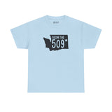 Light blue tee with Washington state shape and 'From the 509' design, celebrating Spokane pride.