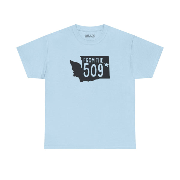 Light blue tee with Washington state shape and 'From the 509' design, celebrating Spokane pride.