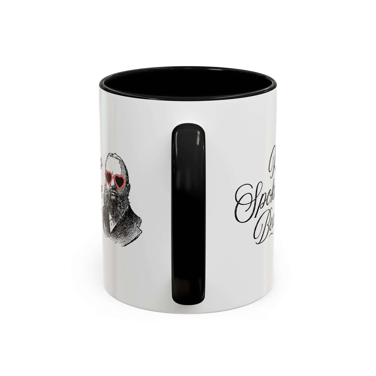 Keep Spokane Beard Ceramic Coffee Mug featuring a vintage-style bearded man in heart-shaped shades.