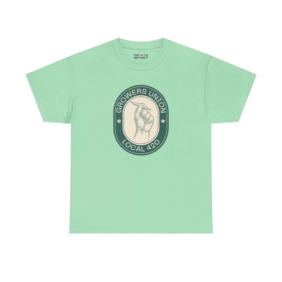 Grower's Union Local 420 athletic tee in mint green with a fist illustration for cannabis culture lovers.