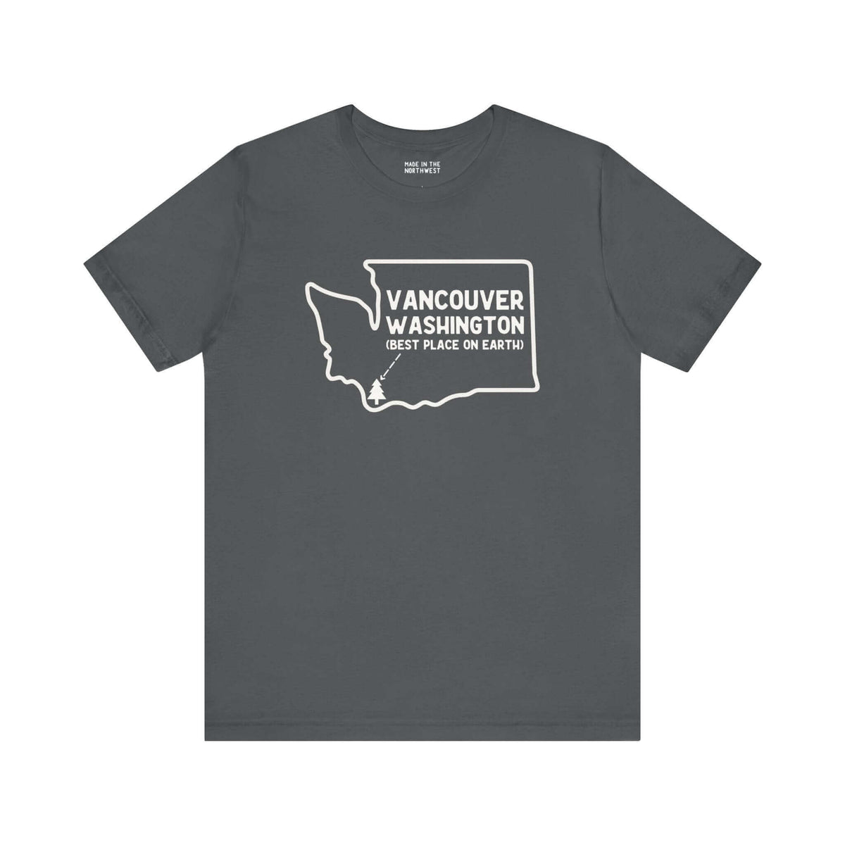 Vancouver Washington soft tee with state outline and tree icon, showcasing Pacific Northwest pride and comfort.