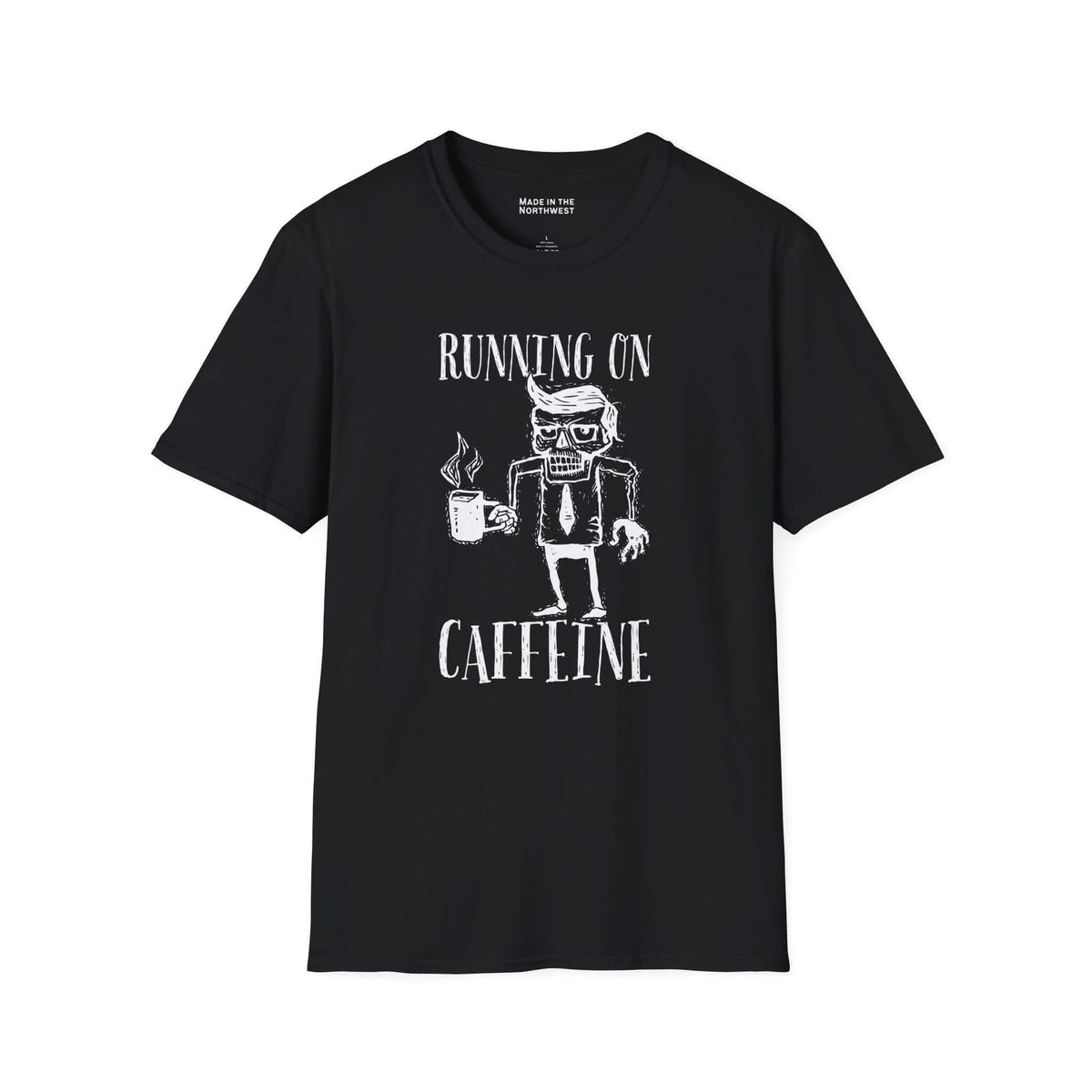 Running on Caffeine T Shirt featuring a quirky design of an office worker holding a coffee mug.
