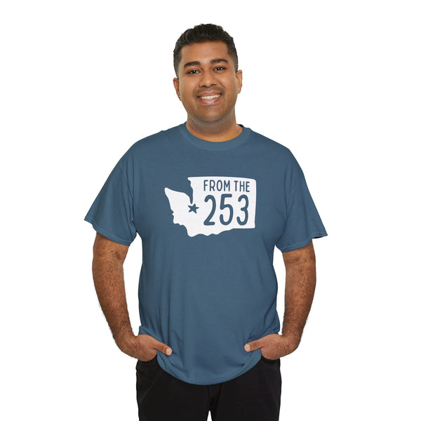 Man wearing blue From the 253 Washington State Athletic Tee showcasing Tacoma pride and city spirit.