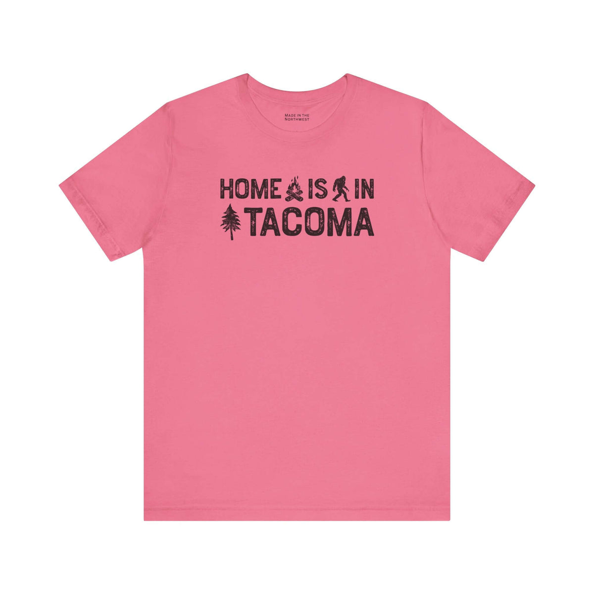Home is in Tacoma tee in pink featuring campfire and tree graphics, celebrating Grit City pride.