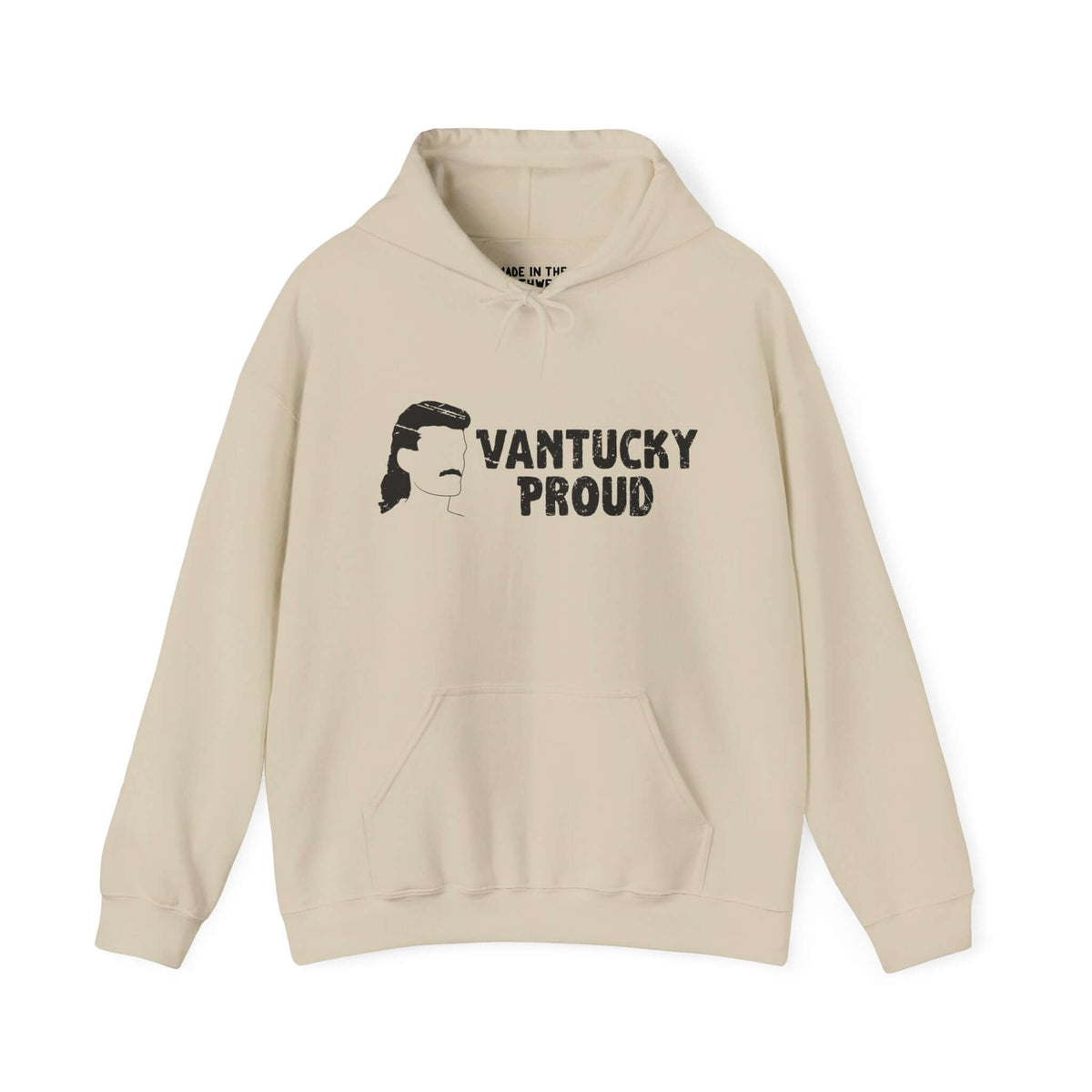 Beige hoodie with "Vantucky Proud" design featuring a silhouette of a mullet hairstyle.