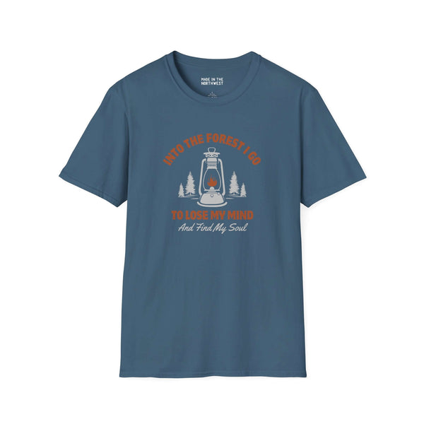 Into the Forest I Go to Lose My Mind and Find My Soul T-Shirt in blue with nature-themed design.