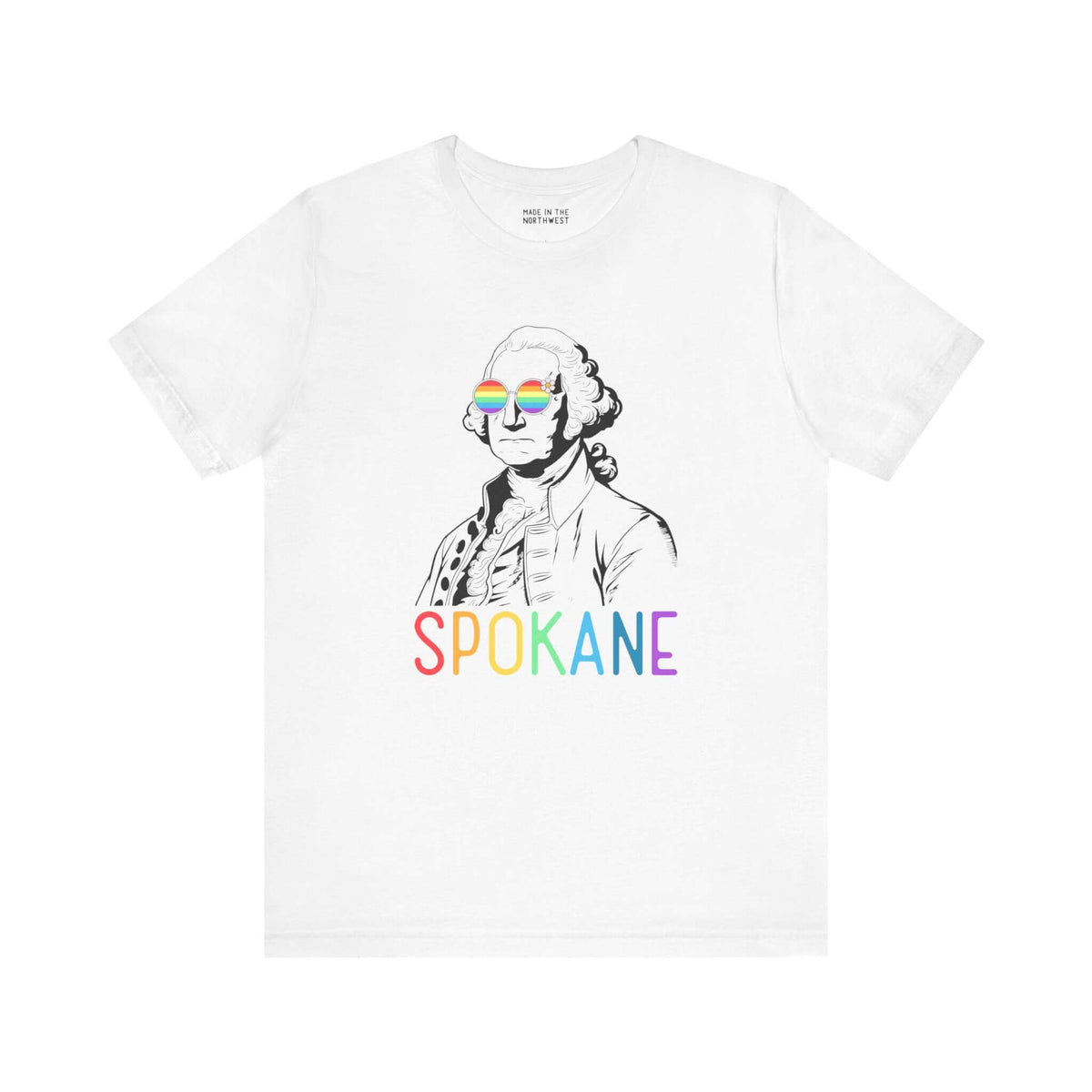 George's Rainbow Vision Tee with Spokane in rainbow colors and George Washington with rainbow glasses. Celebrate Pride and inclusivity.