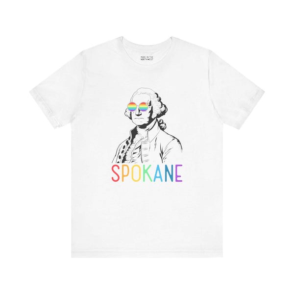 George's Rainbow Vision Tee with Spokane in rainbow colors and George Washington with rainbow glasses. Celebrate Pride and inclusivity.