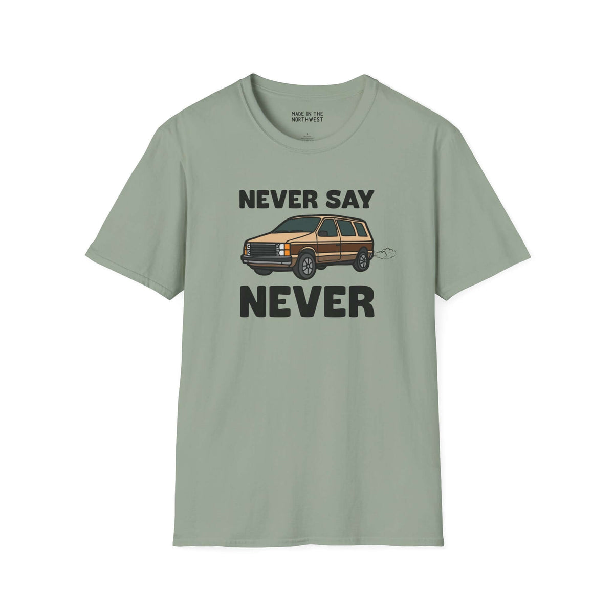 Never Say Never vintage van softstyle t-shirt with a classic Dodge Caravan graphic.