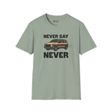 Never Say Never vintage van softstyle t-shirt with a classic Dodge Caravan graphic.