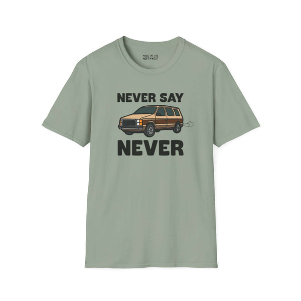 Never Say Never vintage van softstyle t-shirt with a classic Dodge Caravan graphic.