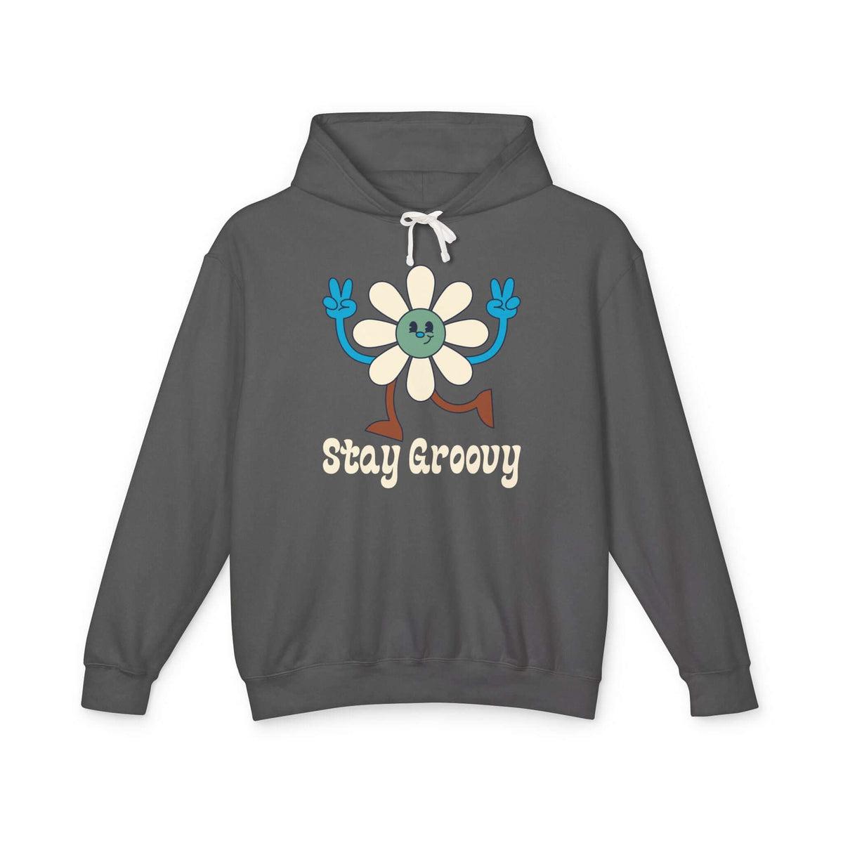 Stay Groovy hoodie featuring a cheerful daisy with peace signs on a dark gray sweatshirt.