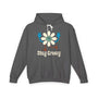 Stay Groovy hoodie featuring a cheerful daisy with peace signs on a dark gray sweatshirt.