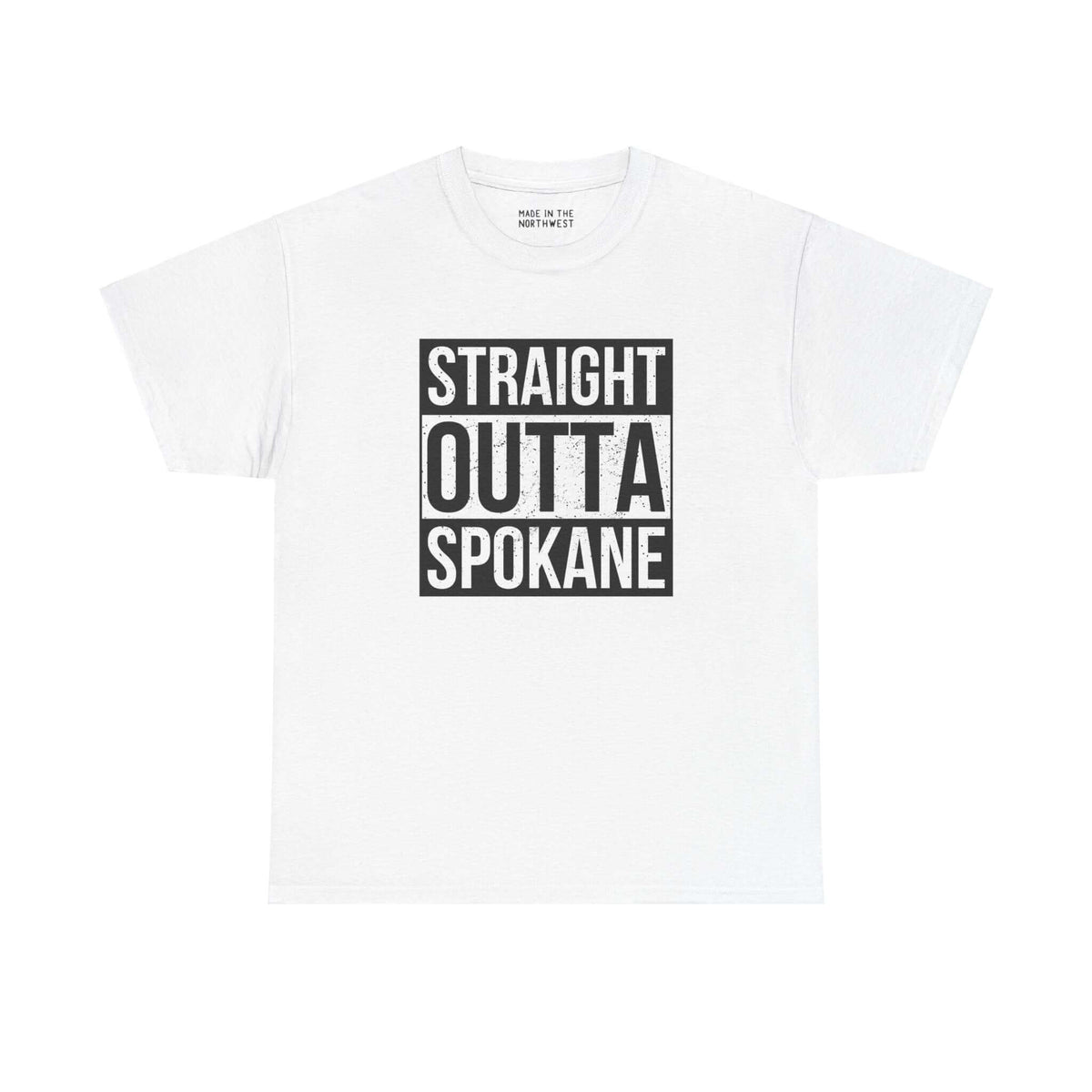 Straight Outta Spokane athletic tee with bold text design, showing local pride and classic streetwear style on a white shirt.