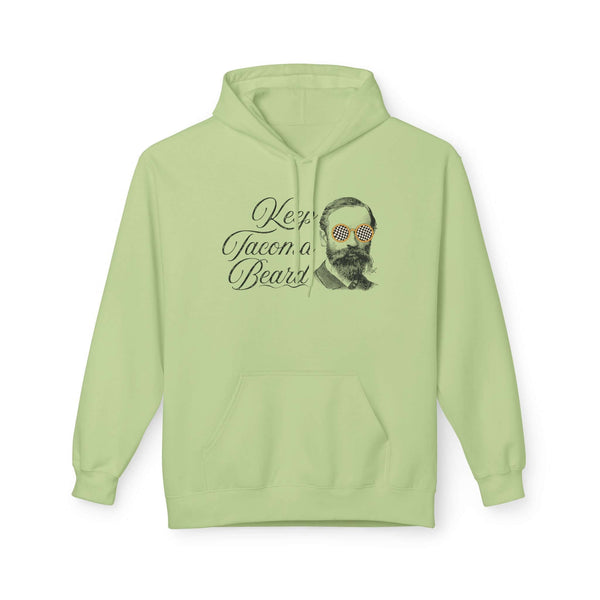Keep Tacoma Beard Hoodie featuring a vintage bearded man in sunglasses on a green sweatshirt.