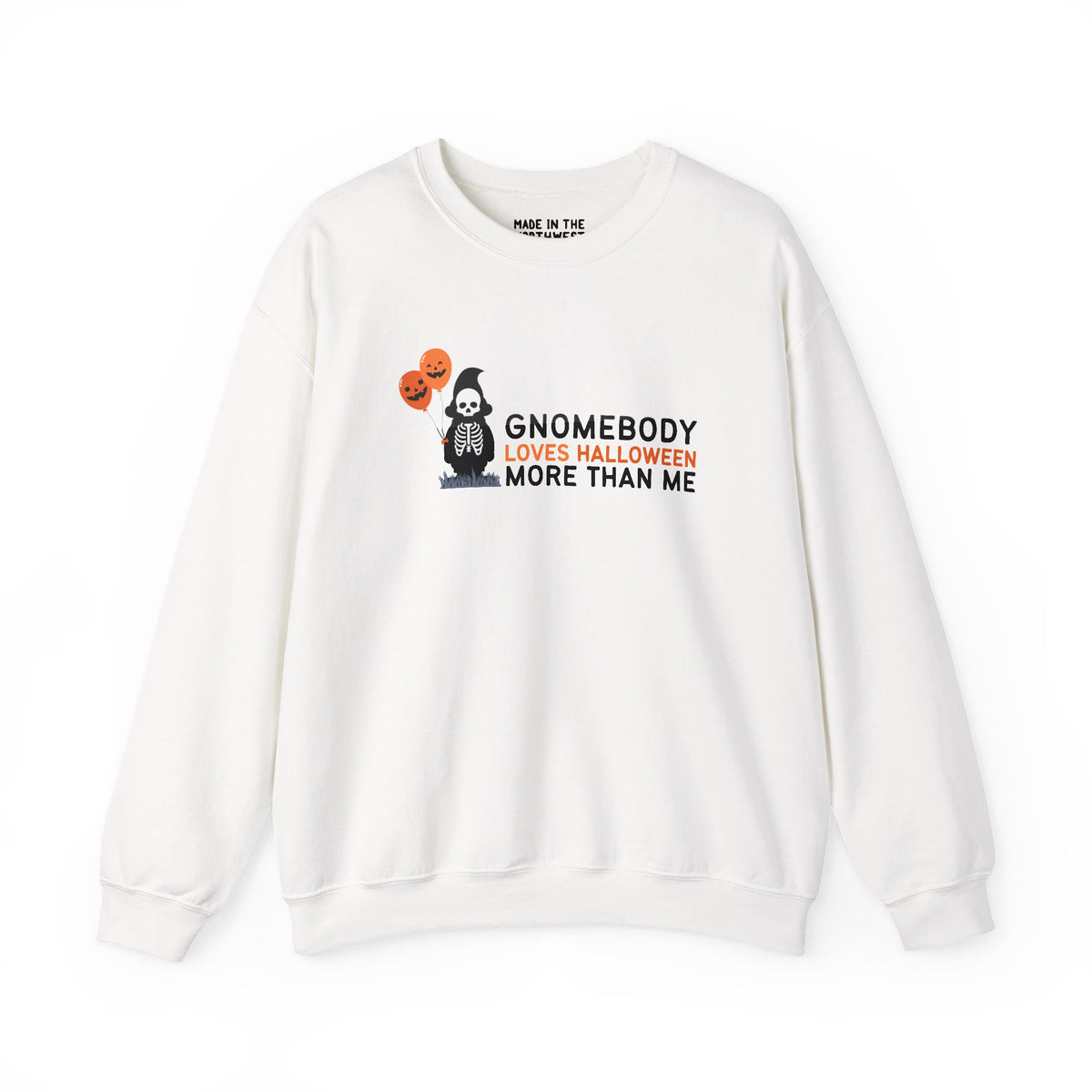 Gnomebody Loves Halloween More Than Me sweatshirt with skeleton gnome and Halloween balloons.