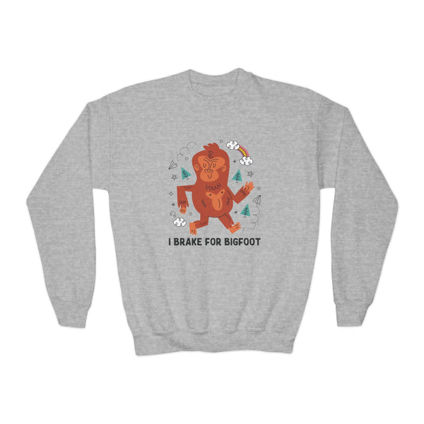 Kids "I Brake for Bigfoot" sweatshirt with playful Bigfoot design, perfect for young adventurers interested in the outdoors.