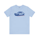 Light blue tee featuring an illustration of the BMW 2002 Tii with 'Old School Injection' text, perfect for car lovers.