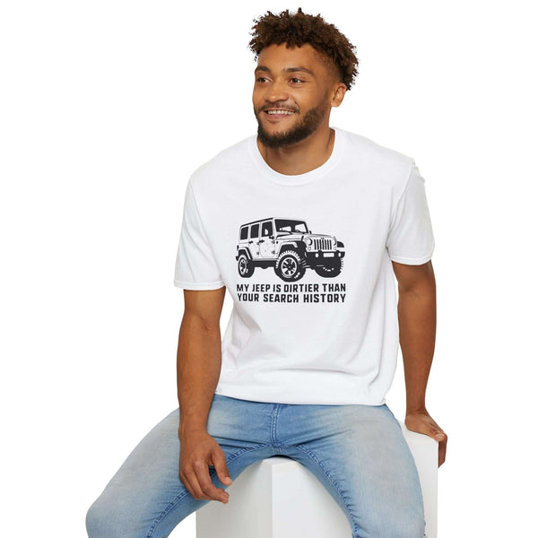 Man wearing 'My Jeep is Dirtier Than Your Search History' t-shirt, showcasing a fun off-road theme.