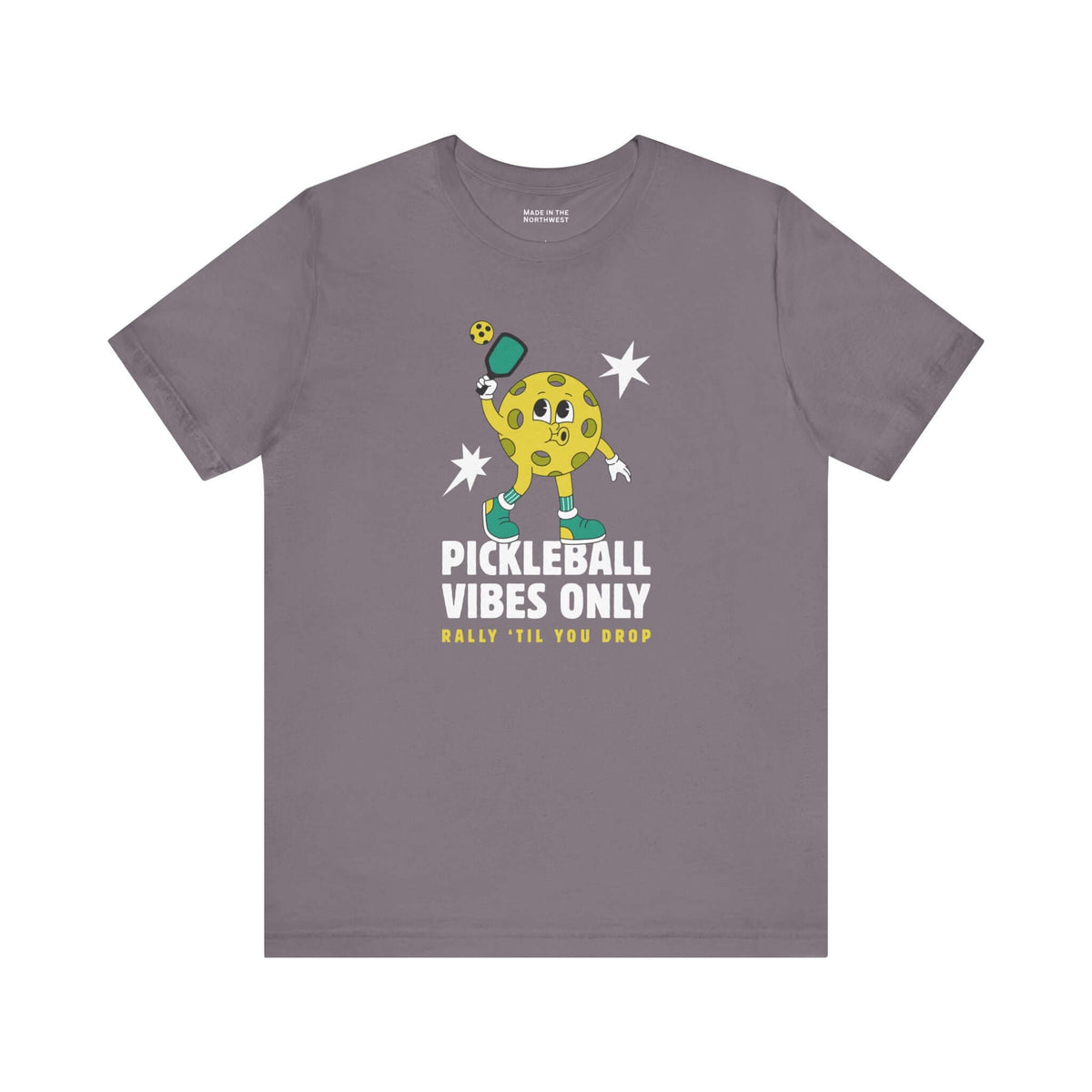 Pickleball Vibes Only T Shirt with retro pickleball character and playful design.