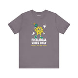 Pickleball Vibes Only T Shirt with retro pickleball character and playful design.