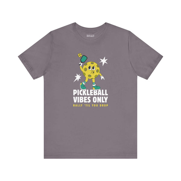 Pickleball Vibes Only T Shirt with retro pickleball character and playful design.