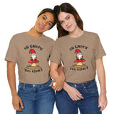 Two women wearing the Oh Gnome You Didn't T Shirt featuring a gnome on a red-capped mushroom.