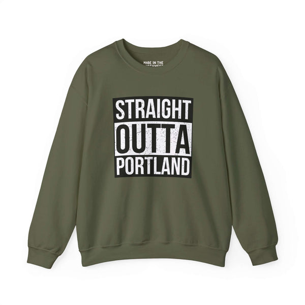 "Straight Outta Portland sweatshirt in olive green, featuring bold text design for city pride and streetwear style."