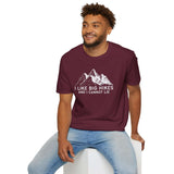 I Like Big Hikes and I Cannot Lie T Shirt worn by a smiling man, featuring a mountain graphic on a maroon tee.