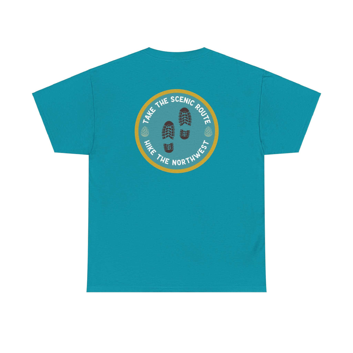 Teal hiking-themed tee with "Take the Scenic Route, Hike the Northwest" graphic on the back, perfect for outdoor enthusiasts.