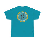 Teal hiking-themed tee with 