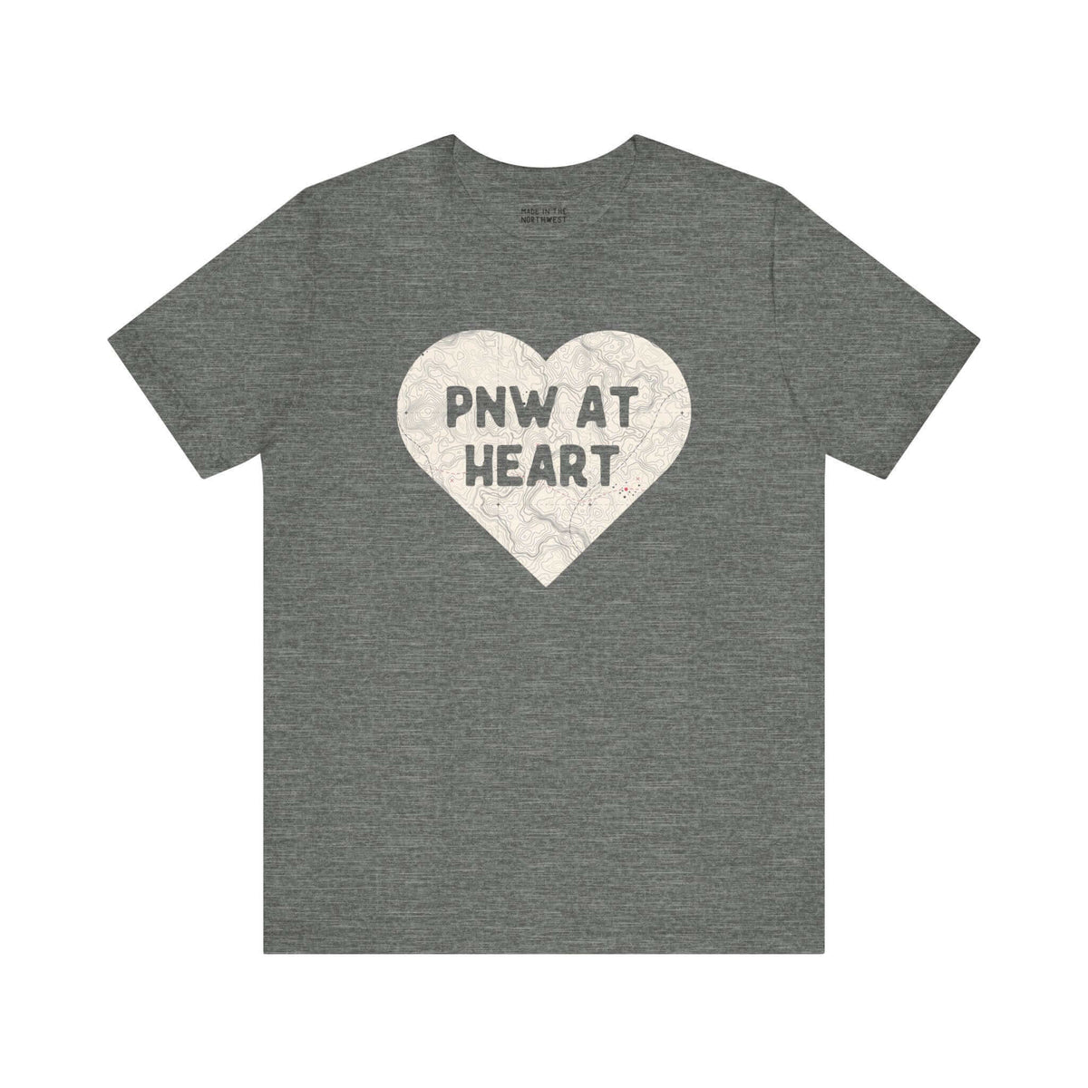 Gray t-shirt featuring "PNW at Heart" text in a map-printed heart design, representing Pacific Northwest pride.