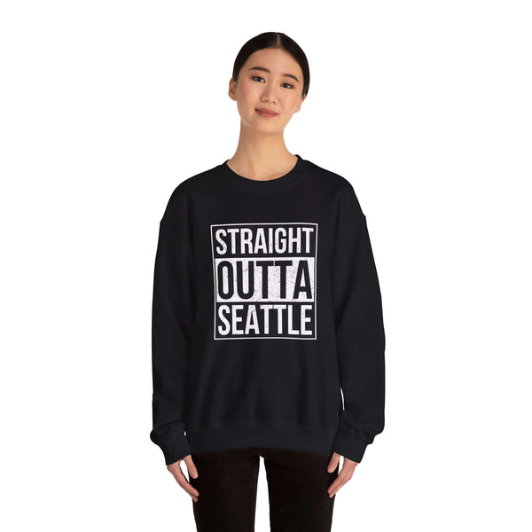 Model wearing a black sweatshirt with the text 'Straight Outta Seattle' in bold white letters.