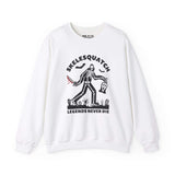 Skelesquatch Halloween sweatshirt featuring skeleton sasquatch with bloody knife and Scream mask in graveyard design.