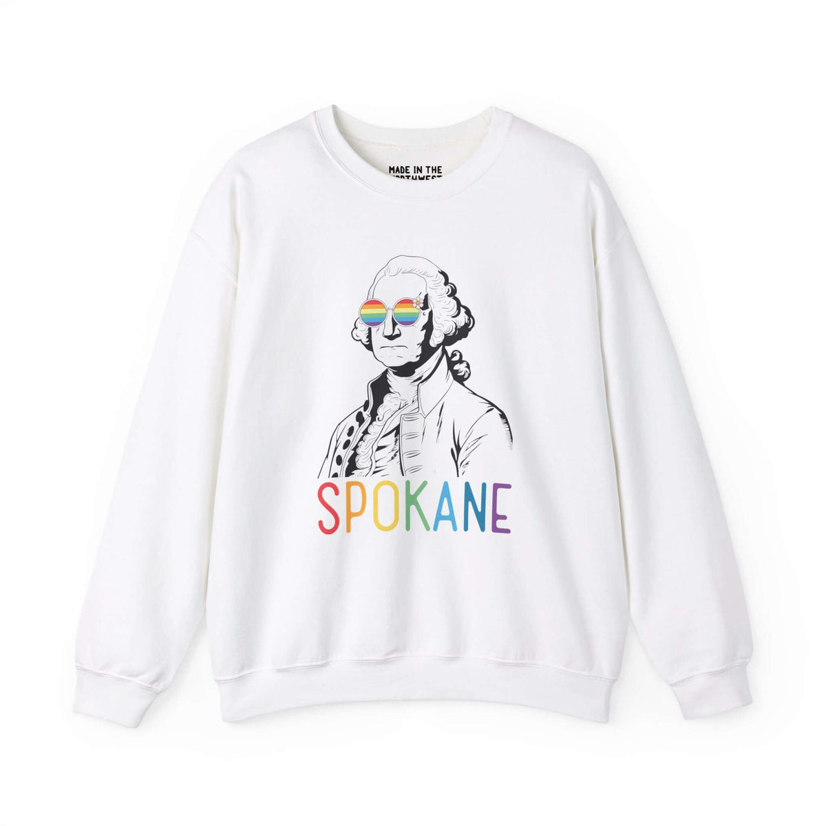 White sweatshirt featuring George Washington in rainbow glasses and "Spokane" in colorful letters, celebrating Pride and local heritage.