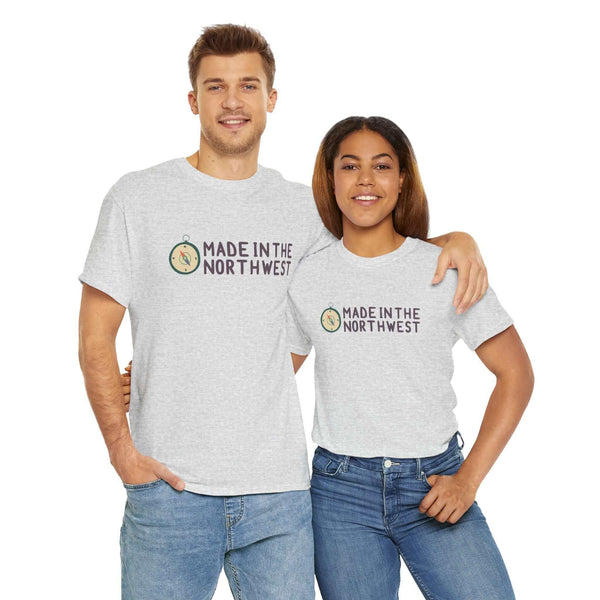 Two people wearing "Made in the Northwest" logo tees with compass design, showcasing Pacific Northwest pride.