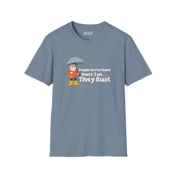 People in Portland Don't Tan, They Rust softstyle t-shirt featuring a cartoon character holding an umbrella.